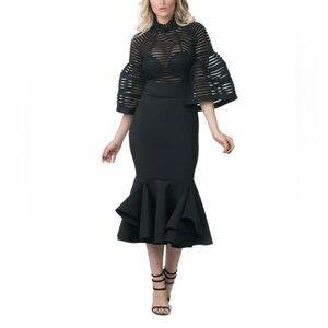 Eien’s elegant black formal sheer mesh top, bell sleeve,ruffled 1X party dress.